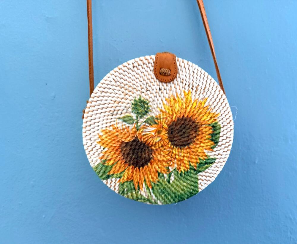 Vintage Rattan Round Crossbody Bag Painted Sunflower Bali Boho Straw Purse